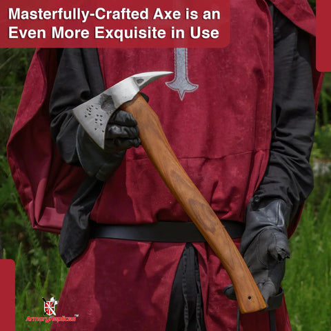 Man holding Fireman Hatchet Pickaxe Tool Hand Forged Carbon Steel Heavy Duty Demolition Axe with Textured Head and Wooden Handle.