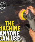 Person using TORQX Dual Action Random Orbital Polisher for cars, polishing black vehicle, focus on polisher tool and pad.