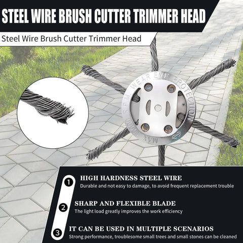 6 Inch Steel Wire Brush Cutter Trimmer Head For Electric Cordless String Trimmers, highlighted features on sidewalk