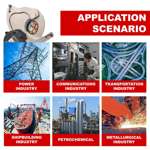 Pro Grade Portable Hydraulic Cordless Cable Cutter application in various industries: power, communications, transport, shipbuilding, petrochemical, metallurgical.