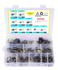 Plastic box with 60 Piece Carbon Brush Set For Electric Motors, 10 Sizes For Replacement And Repair Of Power Tools, labeled compartments.