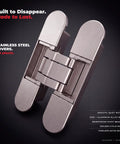 Sleek Concealed Door Hinges In Satin Nickel Finish Featuring A Zero Gap Flush Mount Design With Full Mortised Installation, close-up view.