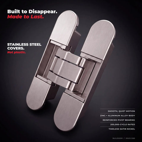 Sleek Concealed Door Hinges In Satin Nickel Finish Featuring A Zero Gap Flush Mount Design With Full Mortised Installation, close-up view.