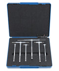 Accusize 6-piece telescoping gauge set, front view, satin chrome finish in blue case