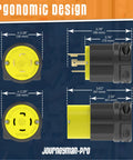 L14-30 Generator Plug Set With L14-30P And L14-30R, ergonomic design dimensions displayed with yellow connectors.