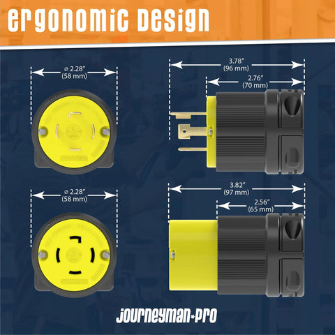 L14-30 Generator Plug Set With L14-30P And L14-30R, ergonomic design dimensions displayed with yellow connectors.