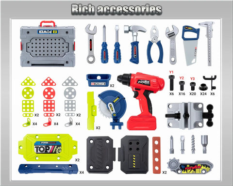 Awesome Kids Tool Workshop Set: 32-Inch Folding Workbench With 35+ Accessories, tool set and electric drill displayed