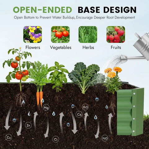 Diagram showing galvanized raised garden bed kit 4x2x1ft for veggies and herbs with open-ended base design for better water and nutrient flow.