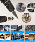 Ten Bit Set With Five Step Drill Bits And Five Countersink Bits For Metal Titanium Coated In A Heavy Duty Aluminum Case Replacing Fifty Sizes Of Step Bits For DIY Projects Rocaris showing different material applications like mold steel, aluminum.
