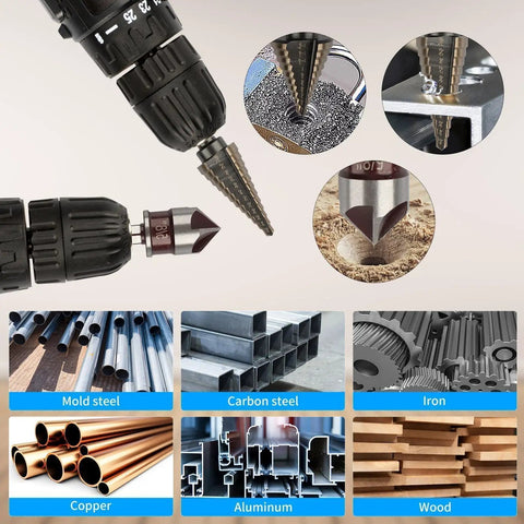 Ten Bit Set With Five Step Drill Bits And Five Countersink Bits For Metal Titanium Coated In A Heavy Duty Aluminum Case Replacing Fifty Sizes Of Step Bits For DIY Projects Rocaris showing different material applications like mold steel, aluminum.