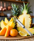 Pineapple Eye Remover Tool With V Shaped Stainless Steel Blade alongside sliced fruit in a kitchen setting.