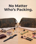 Top Shelf Genuine Buffalo Leather Toiletry Bag For Men And Women Brown Travel Organizer With Waterproof Inner Compartment displayed with grooming essentials.