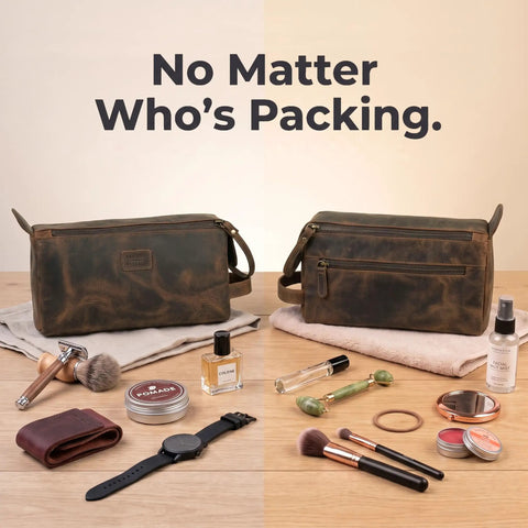 Top Shelf Genuine Buffalo Leather Toiletry Bag For Men And Women Brown Travel Organizer With Waterproof Inner Compartment displayed with grooming essentials.