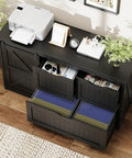Rustic Farmhouse File Cabinet With Sliding Barn Door For Home Office Storage, black finish with open drawers and filing folders.