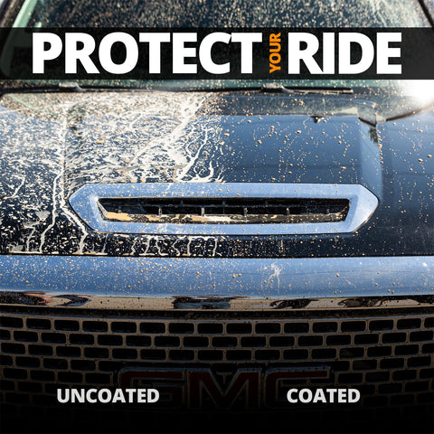 Comparison of a car hood, uncoated versus coated with Platinum Rapid Ceramic Paint Sealant Spray 14 Oz With 50 Wash Rating For Boss Gloss And Shine.