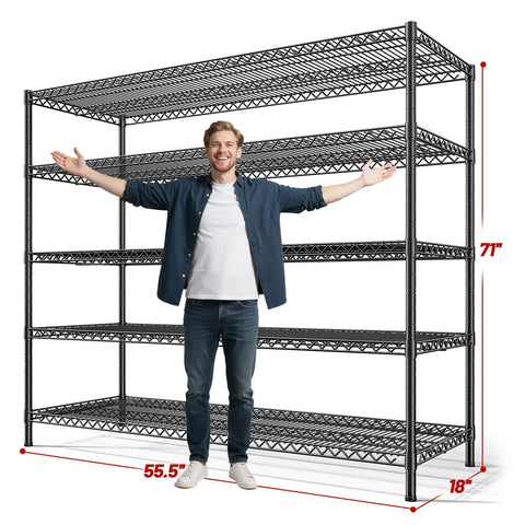 Beefy 5 Tier Wire Storage Shelves With 3200 Lb Capacity, 55.5 Inch Wide Metal Garage Shelving Unit With Adjustable Shelves For Garage, Pantry, Basement, Warehouse, Kitchen, Office Organization shown with man for scale