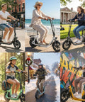 Collage of diverse people riding Peak 800W Electric Scooter With Seat For Adults in various city and outdoor settings.