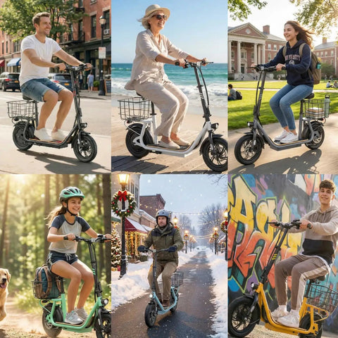 Collage of diverse people riding Peak 800W Electric Scooter With Seat For Adults in various city and outdoor settings.