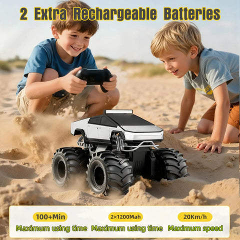 Two boys playing with Amphibious RC Car Scale 1 18 4WD All Terrain Off Road Pickup Beast on sandy terrain