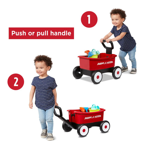 Push And Pull Walker Wagon With Garden Tools For Kids One To Four Years Old Locking Handle For Stability Converts From Baby Push Walker To Pull Wagon For Indoor And Outdoor Play Kid Friendly with child using handle