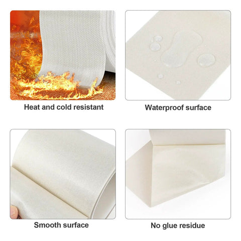 Features of Heavy Duty High Temp PTFE Glass Cloth Tape 6 Inch By 33 Feet, including heat resistance and waterproof qualities.
