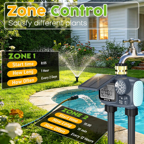 Digital display of Solar Powered Sprinkler Timer With Brass Inlet Dual Outlet Garden Hose Controller in garden setting.