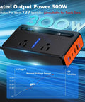 300W Car Power Inverter With Dual 110V AC Outlets And Heavy Duty Cigarette Lighter Plug Adapter showcasing blue LED indicator.