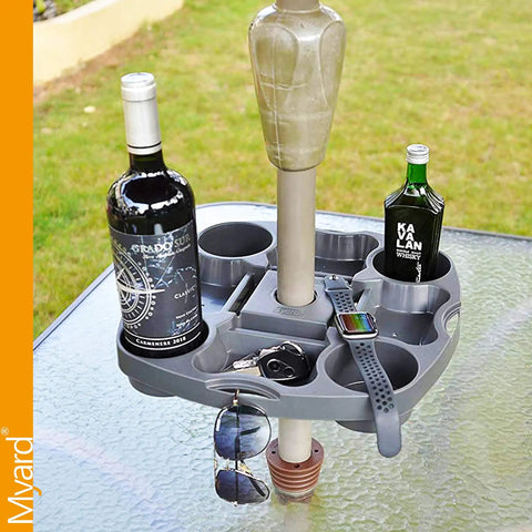 15 Inch Umbrella Table Tray With 4 Drink Holders, 4 Snack Compartments, 4 Sunglasses Holes And 4 Phone Slots for patio use