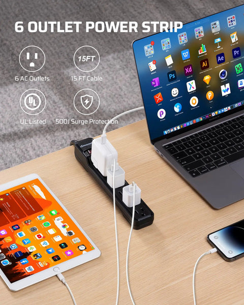 2 Pack Heavy Duty Power Strips Surge Protector With 15 Ft Extension Cord 6 Outlets Per Strip Flat Low Profile Plug in use.