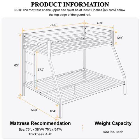 Rock Solid Twin Over Full Bunk Bed With Heavy Duty Steel Frame dimensions and specifications for twin and full mattresses.