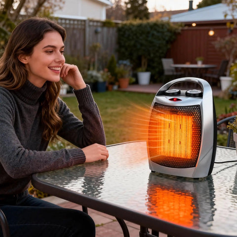 Effortless Space Heater With Built In Fan For Small Rooms on outdoor table, emitting warm glow, silver design visible