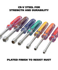Seven Piece SAE Nut Driver Set With Chrome Vanadium Steel Blades And Acetate Color Coded Handles Ideal For Automotive DIY And Mechanical Projects Rust Resistant ANSI Rated Tools lined up to show color coded handles.