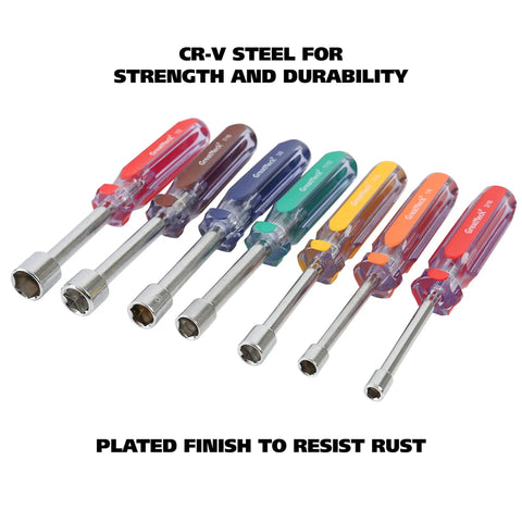 Seven Piece SAE Nut Driver Set With Chrome Vanadium Steel Blades And Acetate Color Coded Handles Ideal For Automotive DIY And Mechanical Projects Rust Resistant ANSI Rated Tools lined up to show color coded handles.