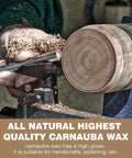 Close-up of Premium Pure Brazilian Carnauba Wax Paste Stick For Wood Polish And Furniture Buffing Compound while turning wood.