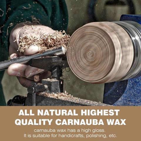 Close-up of Premium Pure Brazilian Carnauba Wax Paste Stick For Wood Polish And Furniture Buffing Compound while turning wood.