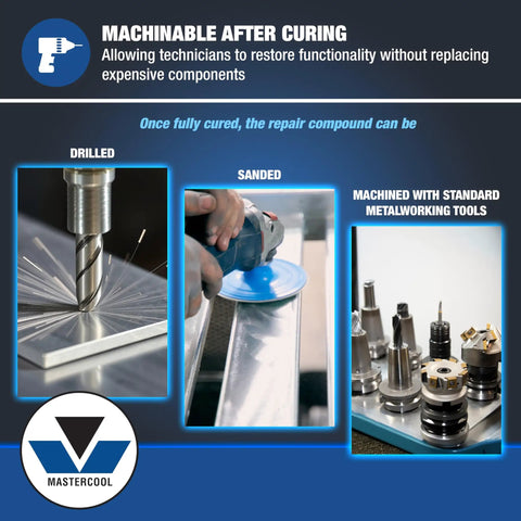 Machining process for aluminum bond repair compound for castings, radiators, tanks, and engine parts; drilled and sanded views.