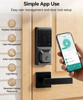 Slick Fingerprint Smart Lock With Smooth Keyless Entry, AI Self Learning Handle Set, App Pin Code And Key Fob Access on wooden door with smartphone.