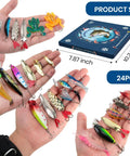 Hands holding 24 Piece Fishing Lure Kit Tackle Box Set with bass lures, poppers, minnows, frogs, spoons for freshwater and saltwater