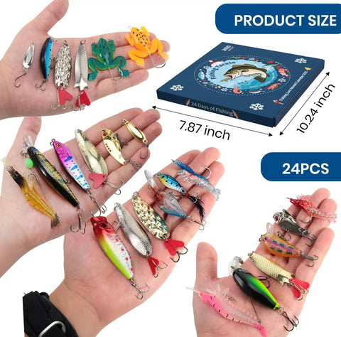 Hands holding 24 Piece Fishing Lure Kit Tackle Box Set with bass lures, poppers, minnows, frogs, spoons for freshwater and saltwater