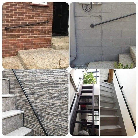 Rock Solid Black Wrought Iron Stair Handrail Wall Mounted Banister With Heavy Duty Brackets For Indoor Outdoor Porch Deck 15 Feet Built To Last Quick Diy Setup on various stairways.