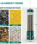 Squirrel Proof Metal Bird Feeder For Outdoors Hanging With 3.6 Lb Seed Capacity Weight Activated Squirrel Guard showing size and seed types