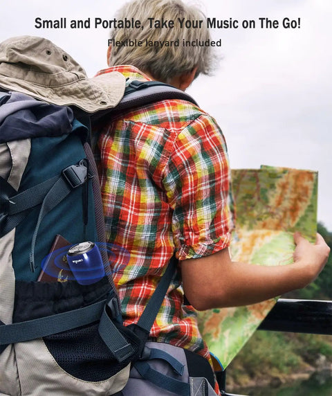 Person hiking with a navy blue Tiny But Mighty Bluetooth Speaker With 360 Degree HD Stereo Sound And Punchy Bass attached to backpack
