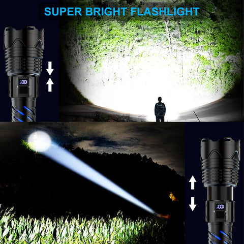 Rechargeable UV Flashlight 3 In 1 Black Light LED Tactical Flashlight illuminating dark outdoor scene, 2000 Lumens, zoom feature shown.