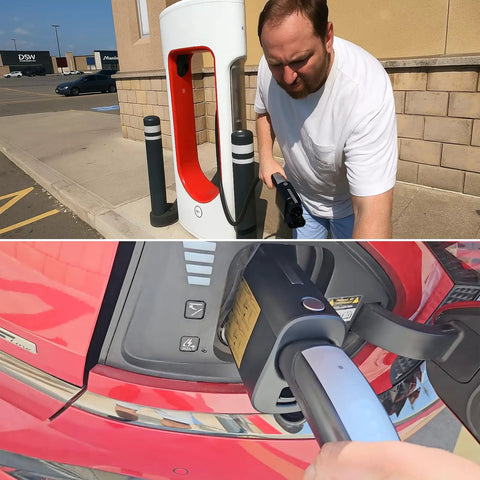Man connecting Plug Right In With This Boss Level NACS To CCS Adapter Pushes 500 Amps And 1000 Volts for EV charging.