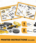 Tipper Truck 3 In 1 STEM Building Kit For Kids 6 Plus Hands On Engineering Fun Learn Mechanics With Three Models Skid Steer Dumper with printed instructions and parts layout