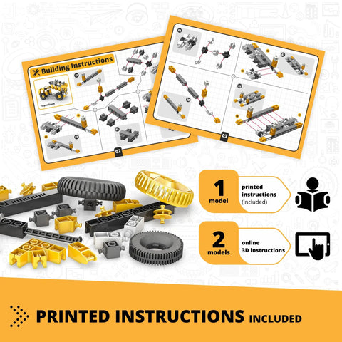 Tipper Truck 3 In 1 STEM Building Kit For Kids 6 Plus Hands On Engineering Fun Learn Mechanics With Three Models Skid Steer Dumper with printed instructions and parts layout