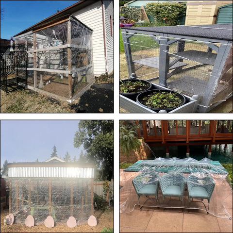 Beefed-Up Heavy Duty 14Mil Clear Tarp 3x6ft With Grommets covering various outdoor structures and furniture for protection.