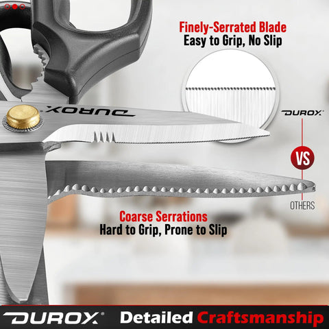 Heavy Duty Multipurpose Scissors For Home And Workshop Cut Leather Cardboard Carpet Plastic Rope Meat Poultry Bones Kitchen Shears For DIY Garden Garage Projects Designed For Tough Daily Use By Pros And DIY Folks And Home Makers, serrated blade close-up