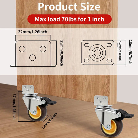 Rock Solid Side Mount Caster Wheels With Brake Set Of Four One Inch L Shaped Swivel Casters For Furniture Tables Carts Smooth Rollin dimensions and load capacity illustration