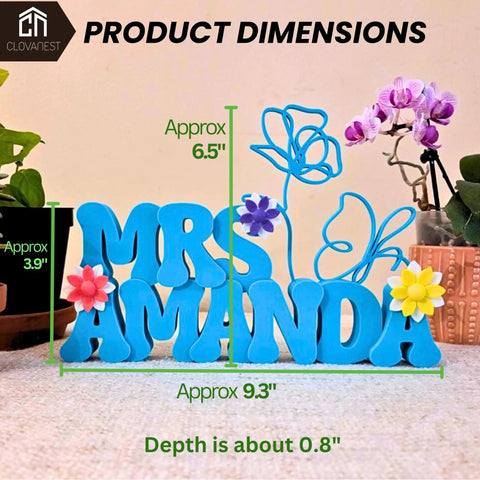 Custom 3D Printed Teacher Desk Name Plate Personalized Sign With Bold 3D Letters Dope Classroom Decor Perfect Teacher Gift Daycare Office Name Tag For Desk, blue with flower accents